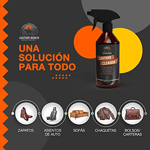 LEATHER RANCH Spray Limpiador Cuero Coche, Bolsos, Zapatos, Chaquetas - Limpiador Cuero Sofas, Previene la Decoloración - Limpia Tapicerias, Volante y Asientos Cuero - Cuidado Cuero sin Tóxicos, 500ml