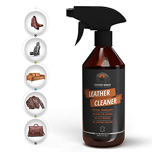 LEATHER RANCH Spray Limpiador Cuero Coche, Bolsos, Zapatos, Chaquetas - Limpiador Cuero Sofas, Previene la Decoloración - Limpia Tapicerias, Volante y Asientos Cuero - Cuidado Cuero sin Tóxicos, 500ml