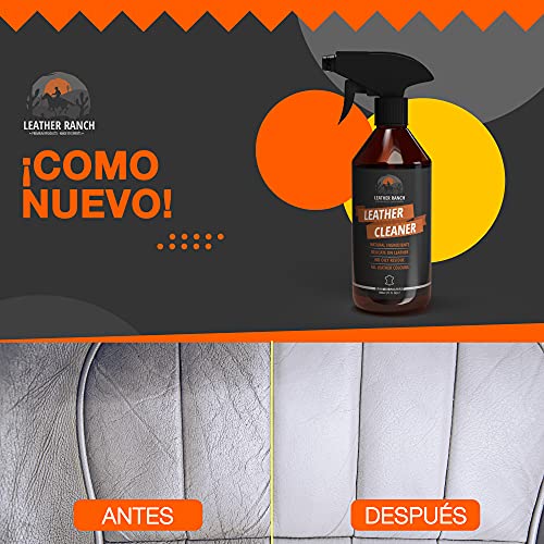 LEATHER RANCH Spray Limpiador Cuero Coche, Bolsos, Zapatos, Chaquetas - Limpiador Cuero Sofas, Previene la Decoloración - Limpia Tapicerias, Volante y Asientos Cuero - Cuidado Cuero sin Tóxicos, 500ml