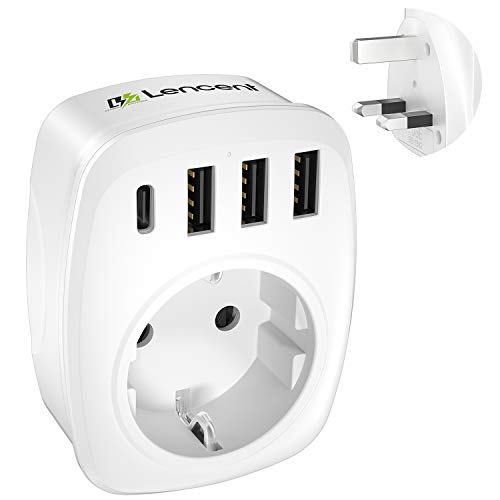 LENCENT Adaptador Enchufe UK, Adaptador de Viaje del Inglaterra [3 Puertos USB+1 Tipo C], Europa español 2-Pin a 3-Pin GB Gran Bretaña para Escocia, Irlanda, Gales, Maldivas, Gran Bretaña (Tipo G)