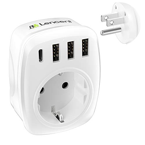 LENCENT Adaptador Enchufe USA, Adaptador Americano de Viaje 3 Puertos USB y 1 Tipo C, Europa español 2-Pin a 3-Pin EEUU para Mexico, Canada, Tailandia, Perú, Colombia,Tipo B