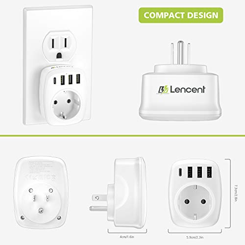 LENCENT Adaptador Enchufe USA, Adaptador Americano de Viaje 3 Puertos USB y 1 Tipo C, Europa español 2-Pin a 3-Pin EEUU para Mexico, Canada, Tailandia, Perú, Colombia,Tipo B