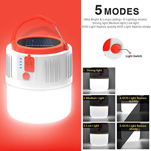 LETOUR Linterna de camping, luz LED recargable por energía solar/USB, luz portátil con mando a distancia, IP45 resistente al agua, 2200 mAh senderismo camping emergencia al aire libre