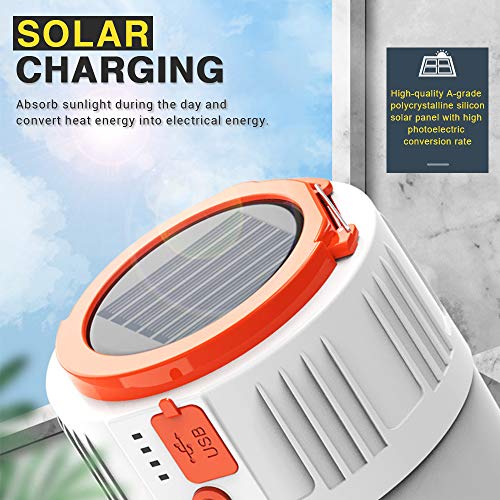 LETOUR Linterna de camping, luz LED recargable por energía solar/USB, luz portátil con mando a distancia, IP45 resistente al agua, 2200 mAh senderismo camping emergencia al aire libre