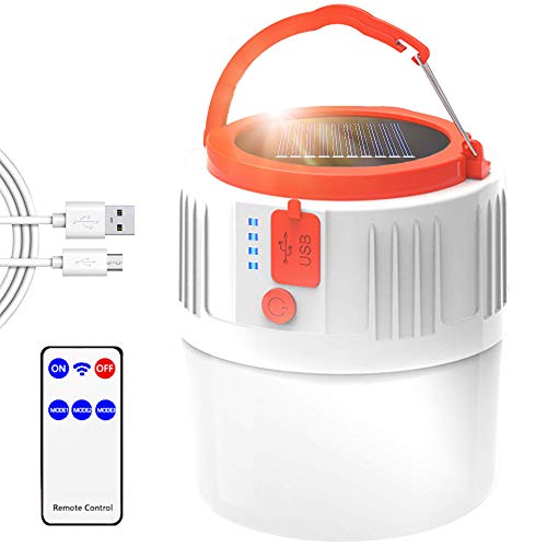 LETOUR Linterna de camping, luz LED recargable por energía solar/USB, luz portátil con mando a distancia, IP45 resistente al agua, 2200 mAh senderismo camping emergencia al aire libre