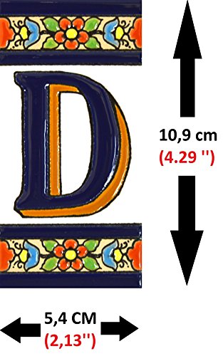 Letreros con numeros y letras en azulejo de ceramica policromada, pintados a mano en técnica cuerda seca para placas con nombres, direcciones y señaléctica. Texto personalizable. Diseño FLORES MEDIANO 10,9 cm x 5,4 cm. (LETRA "D")