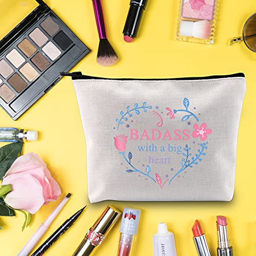 LEVLO Divertido bolso de cosméticos inspirador mantra regalo de promoción Badass con un gran corazón maquillaje cremallera bolsa bolsa para mujeres niñas, Badass With Heart,