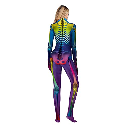 LGQ Disfraz de Halloween para Mujer, Esqueleto Humano, Estampado Digital, Bodycon, Catsuit, Cosplay, Mono de Fiesta de Halloween para Adultos,XL