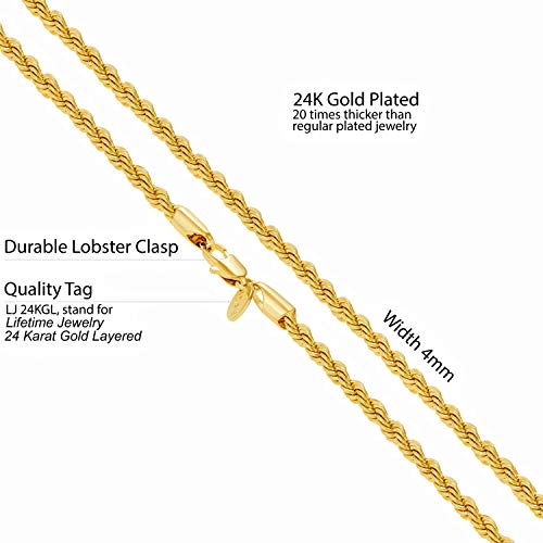Lifetime Jewelry - Collar de cadena de cuerda de 4 mm chapado en oro auténtico de 24 quilates, para hombres y mujeres