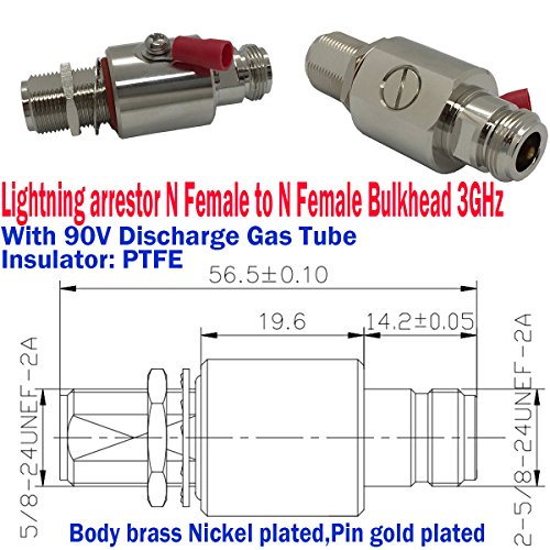 Lightning Detector N Hembra a N Hembra Bulkhead Coaxial WiFi Lightning Surge Protector N Socket N Jack IP67 con Tubo de Gas de 90 V Descarga 50 Ohm DC-3 GHz