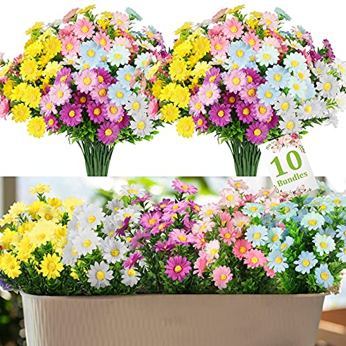 Linkstyle Flores Artificiales para Decoración, 10 Ramos de Flores Falsas de Margaritas con 5 Colores, Resistentes a los Rayos UV Exteriores Interiores para Colgar, Jardín, Porche, Ventana, Boda