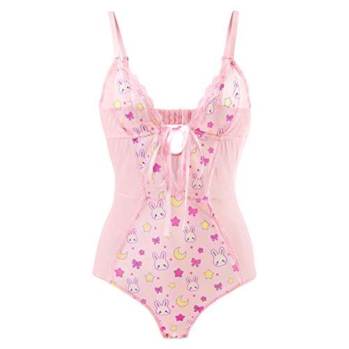 LittleForBig Prenda de Dormir para Mujer Neto Cuello en V Usagi una Pieza Baby Doll Lencería Bodysuit Rosa XS