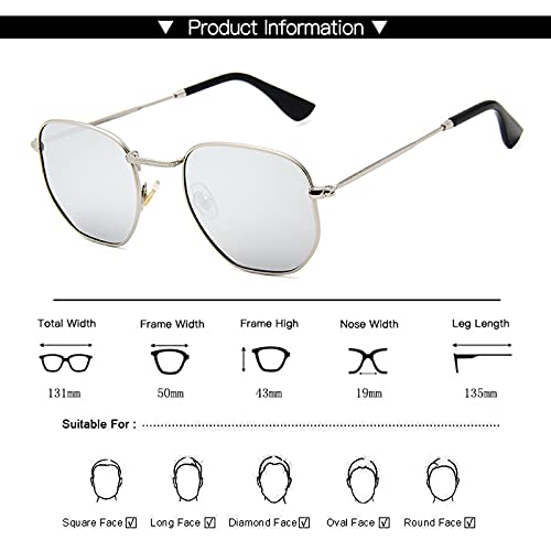 LIXUN Gafas de sol retro polarizadas para hombre y mujer, marco de metal, UV400, Silver Frame + White Mirror Lens