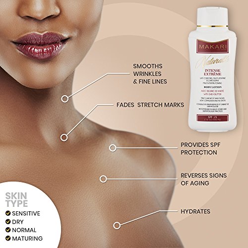 Loción Corporal Intensa de 17.6oz de la Línea Makari Naturalle – Crema Corporal Aclarante y Tonificante con Manteca de Karité y FPS 15 – Tratamiento Blanqueador y Anti-edad para Manchas Oscuras