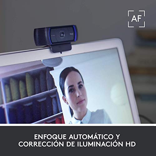 Logitech C920 HD Pro Webcam, Videoconferencias 1080P FULL HD 1080p/30 fps, Sonido Estéreo, Corrección de Iluminación HD, Skype/Google Hangouts/FaceTime, Para Gaming, PC/Mac/Android/Chromebook - Negra