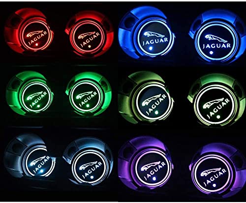 Logotipo del coche luces de la atmósfera del logotipo LED impermeable botella bebidas posavasos 7 colores cambiantes USB estación de carga LED taza Mat para Jaguar XF XJ XE F-PACE XFL, 2 piezas