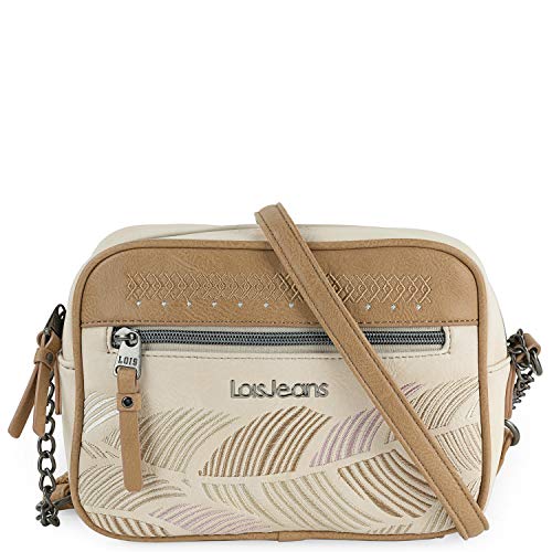 Lois - Bolso de Mujer con Asa Bandolera con Detalle Cadena Ajustable de Ecopiel Sintética PU. Bolsillos Delantero y Trasero con Cremallera310786, Color Beige