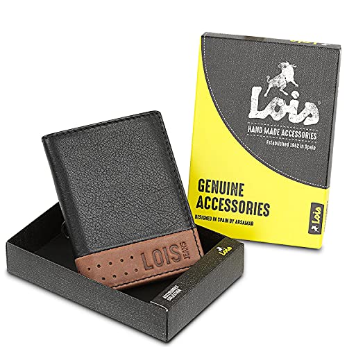 Lois - Cartera para Hombre Piel Genuina Cuero con Monedero. Bloqueo Antiescaneo de Seguridad RFID - Billetera con Tarjetero de Marca LOIS Diseñada en España 205418, Color Negro-Tan