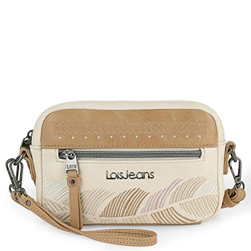 Lois - Mini Bolso Bandolera de Mujer con 2 Asas Intercambiables, Una de Mano y Otra Larga Ajustable. Bolsillo Trasero con Cremallera y Departamento Móvil y Tarjetero 310725, Color Beige