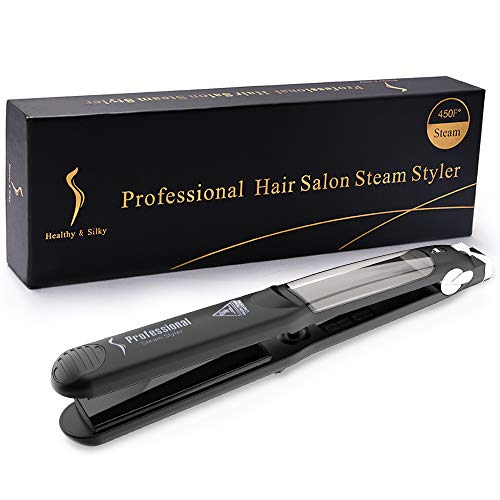 LONGKO Plancha Pelo Profesional a Vapor Plancha de Rizado,2 en 1con Placa de Cerámica para Alisado y Rizado de Cabello (Tanque de Agua GRATIS, Pinzas para el Cabello de 2 Piezas y Guante)