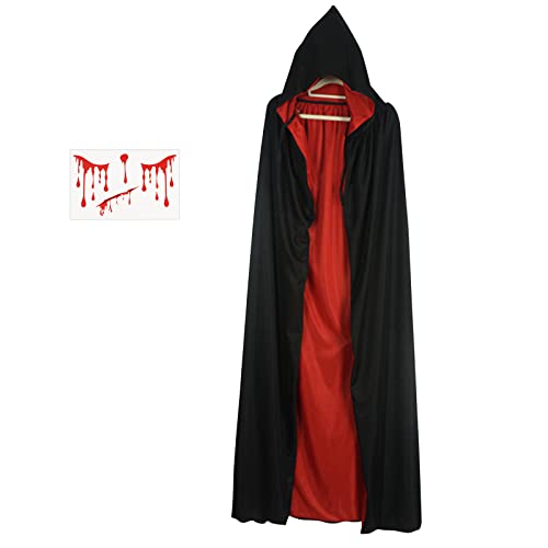 LOOPES Capa con Capucha Roja Y Negra Y Roja Vampiro De Halloween con Tatuaje De Lágrima De Sangre para El Mago del Diablo Medieval Disfraz De Cosplay Mujer Hombre Adulto Carnaval Halloween 170 Cm.