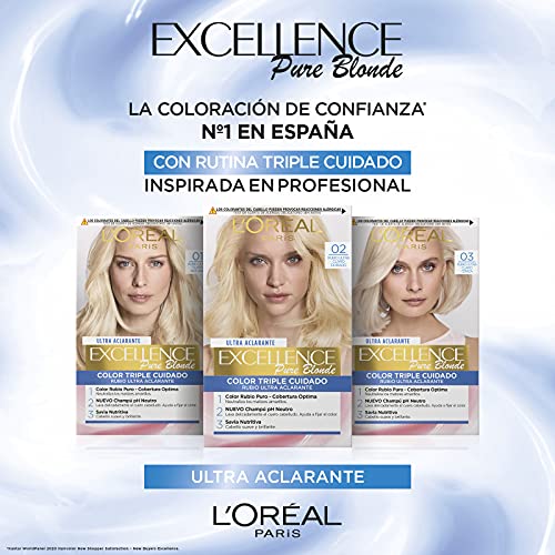 L'Oréal Paris Excellence Tinte Permanente Triple Cuidado Tono 01 Rubio Claro Natural, Pure Blonde, 3 Unidad