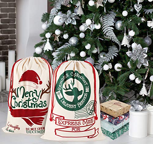 Lote de 2 bolsas de regalo reutilizables de Navidad con cordón de cierre, vintage, bolsa de regalo de tela de yute personalizada, tamaño grande de Navidad, bolsa de Santa, 70 x 50 cm