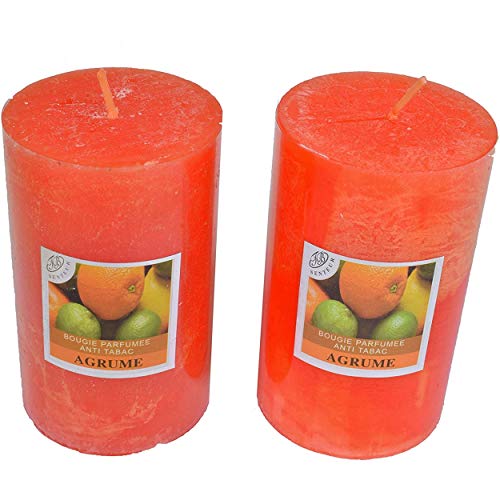 Lote de 2 velas votivas decorativas perfumadas, antitabaco, para la decoración del interior de tu casa y para crear un ambiente en color naranja, 6 x 10 cm, duración de 40 horas