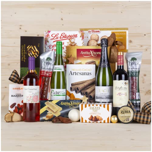 Lote para Navidad Botellas de Vino y Cava-Chorizo ibérico-Salchichon| Especial para regalos, navidad, reyes - Presentado en caja con decoración Navideña