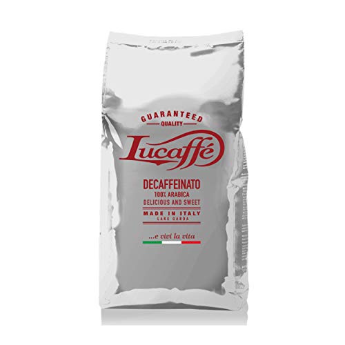 Lucaffé Caffe Descafeinado, granos de café 100% Arábica, bolsa de café 700 gr. ahorra aroma, café descafeinado naturalmente, sabor dulce, cuerpo completo, crema espesa, aroma agradable