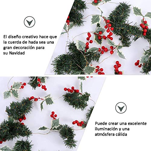 Luces Led Decorativas Navideña, Guirnalda Luces con Piñas de Abeto Cadena de Luces de Bayas Rojas y Conos de Pino Luz Blanca Cálida Perfecta para Interior Exterior Jardín Habitación Árbol de Navidad