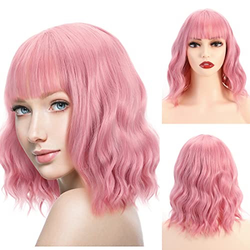 Luxspire Pelucas Mujer Pelo Natural, Pelucas Cabello, 14 Pulgadas Pelo Natural Corto Moderno,con Flequillo Ligeramente Rizado para Cosplay Fiesta Vida Diaria – Rosa Clara