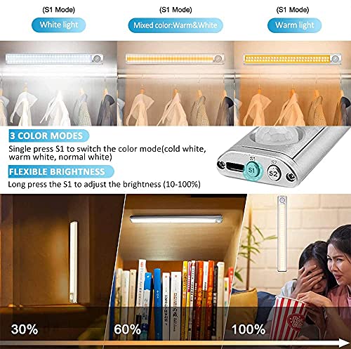 Luz Armario,160 Luz Led con Sensor de Movimiento, lampara armario recargable con Adhesiva Magnética,3 Modos,para Escaleras,Pasillo,Gabinete,Baño,Sótano y Garaje