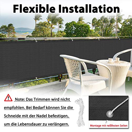 LZQ Protección visual para balcón, 75 x 600 cm, PVC, protección visual para balcón, protección contra el viento, protección UV de HDPE, color negro