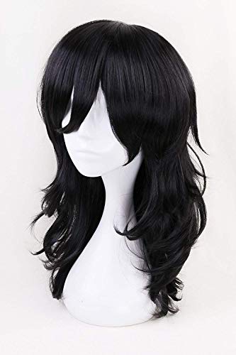 LZT Peluca de cosplay de anime negra de media melena con malla de peluca gratis, cabello animado sintético suelto y rizado de Aizawa Shouta de My Hero Academia