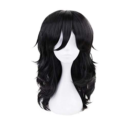 LZT Peluca de cosplay de anime negra de media melena con malla de peluca gratis, cabello animado sintético suelto y rizado de Aizawa Shouta de My Hero Academia