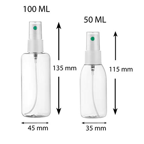 MADE IN EU | 2 Botellas de spray vacías pequeñas de 100 ml y 3 de 50 ml | Pulverizador Botella rociadora recargable con bomba y extra de 2 disc top tapas | Spray bottle