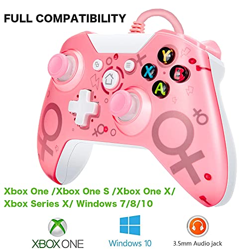 Mando con Cable, Controlador de Gamepad USB con Vibración Dual y Salida de Audio Compatible con Xbox One, Xbox One S, One X, Xbox Series x (Rosa)