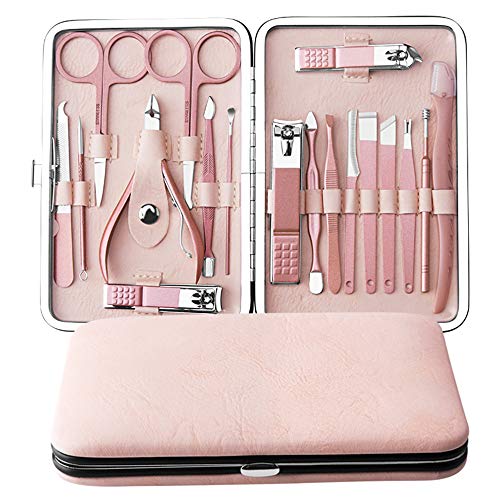 Manicure Set,18 pcs Kit deManicura Pedicura Profesional Herramientas de Cortauñas Recortador Afeitado de Cejas Herramienta de Corte de Pelo de Nariz (Rosa Rosa)