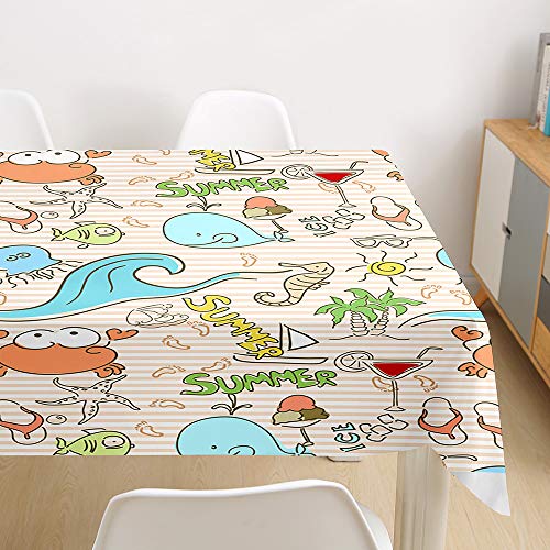 Manteles Antimanchas Impermeable Rectangular, Treer Lavable Poliéster Manteles con 3D Vida Marina Impreso Cubierta de Mesa, Decoración Mesa para Cocina Comedor Fiesta (El Verano,100x140cm)