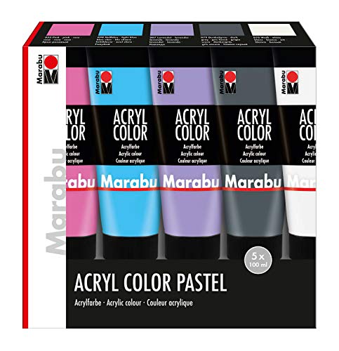 Marabu 1201000000088 - Juego de pinturas acrílicas pastel, 5 x 100 ml en blanco, lavanda, azul claro, rosa y gris oscuro, cremosa, mate sedoso a base de agua, secado rápido, se puede mezclar y cubrir.