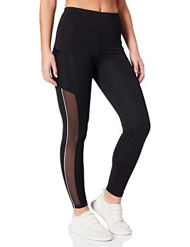 Marca Amazon - AURIQUE Mallas de Deporte de Tiro Alto con Banda Lateral Mujer, Negro (Black/White), 38, Label:S