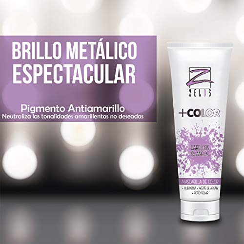 Mascarilla de Color para el Pelo - Matizante Cabellos Blancos, Gris, Silver, Rubio Decolorado - 200 ml - Queratina y Aceite de Argán - Nutrición y Brillo Uso Profesional - Zelos