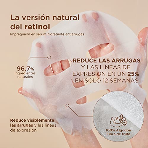 Mascarillas faciales hidratantes Antiarrugas con Bakuchiol y Acido Hialurónico. Mascarillas faciales Pack de 5. Potente acción Hidratante con tejido Natural de Fibra de Frutas. Ardaraz