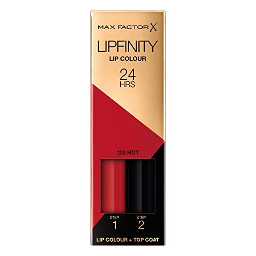 Max Factor LipFinity Lip Colour Lipstick Pintalabios, Tono: 120 Hot - Paso 1: 2.3ml Paso 2: 1.9g