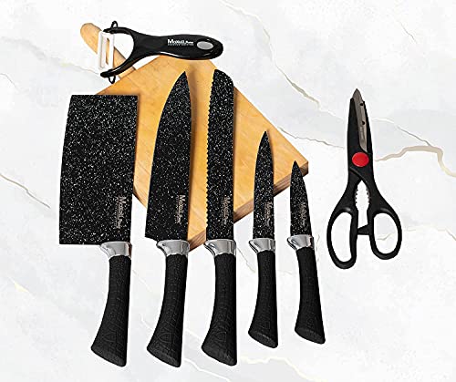 MAXELLPOWER Set DE 5 Cuchillos Tijeras PELADOR Copper Stone Juego ESMALTADOS Acero Garantia (Black Stone Edition)