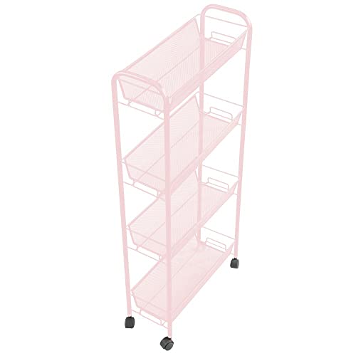 mDesign Carrito con ruedas para lavadero – Compacto mueble de lavadero para guardar detergente, quitamanchas, etc. – Práctico carro de lavandería en metal con cuatro estantes estrechos – rosa claro