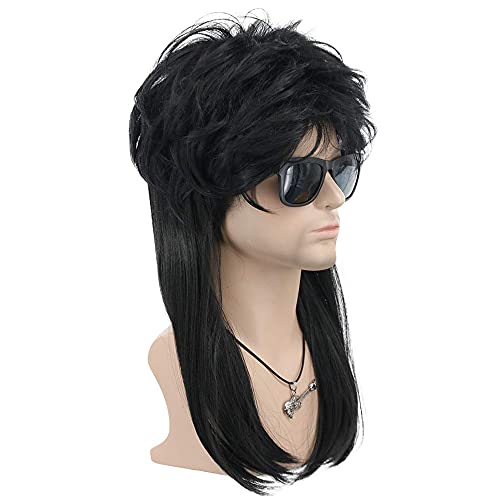 MEIRIYFA Rocker - Peluca larga y negra para hombre, peluca Rocker, punk, pelucas de salmonete para disfraz de Halloween, fiesta de cosplay, 62 cm