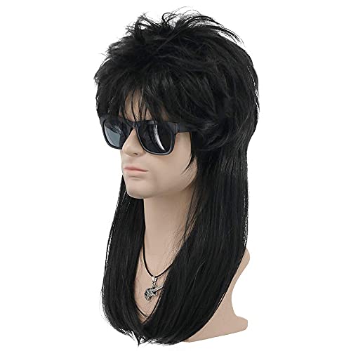 MEIRIYFA Rocker - Peluca larga y negra para hombre, peluca Rocker, punk, pelucas de salmonete para disfraz de Halloween, fiesta de cosplay, 62 cm