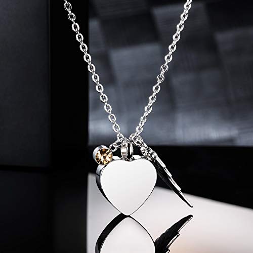 MeMeDIY Colgante de ala de ángel Personalizado corazón urna Collar Grabado Foto/Nombre Piedras natales para Hombres Mujeres Mascota Acero Inoxidable Cenizas Embudo Kit